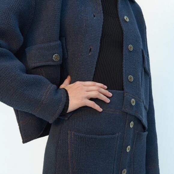 Zara Cropped Knit Chore Jacket Blue Gold Stitching Like Denim Fall Cosy ~ Size L - Picture 2 of 10